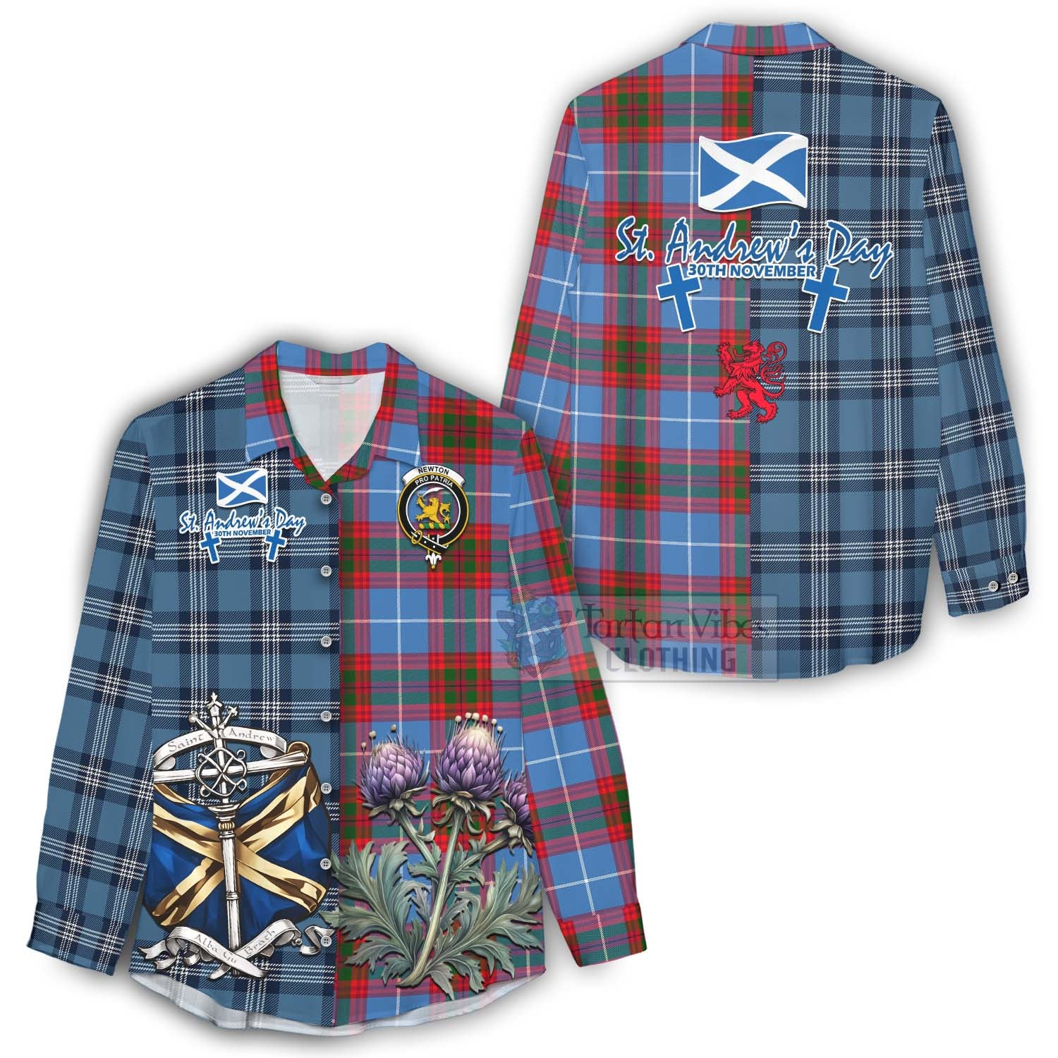 Tartan Vibes Clothing Newton Tartan Women's Casual Shirt Happy St. Andrew's Day Half Tartan Style