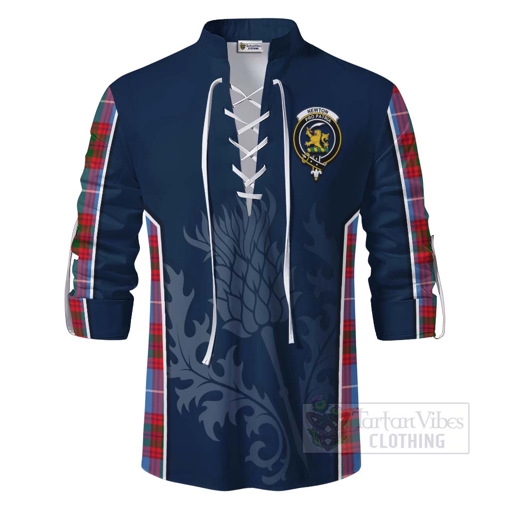 Tartan Vibes Clothing Newton Tartan Ghillie Kilt Shirt with Family Crest and Scottish Thistle Vibes Sport Style