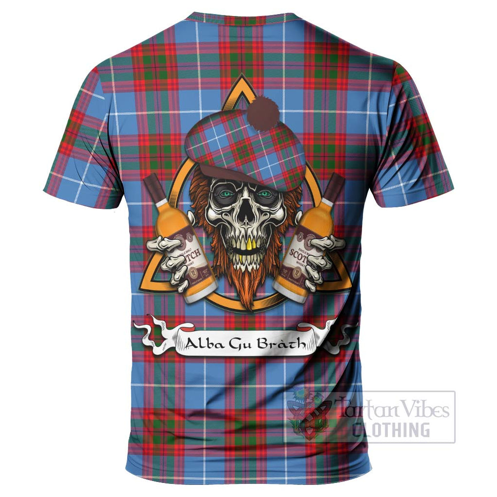 Tartan Vibes Clothing Newton Tartan T-Shirt with Family Crest and Bearded Skull Holding Bottles of Whiskey