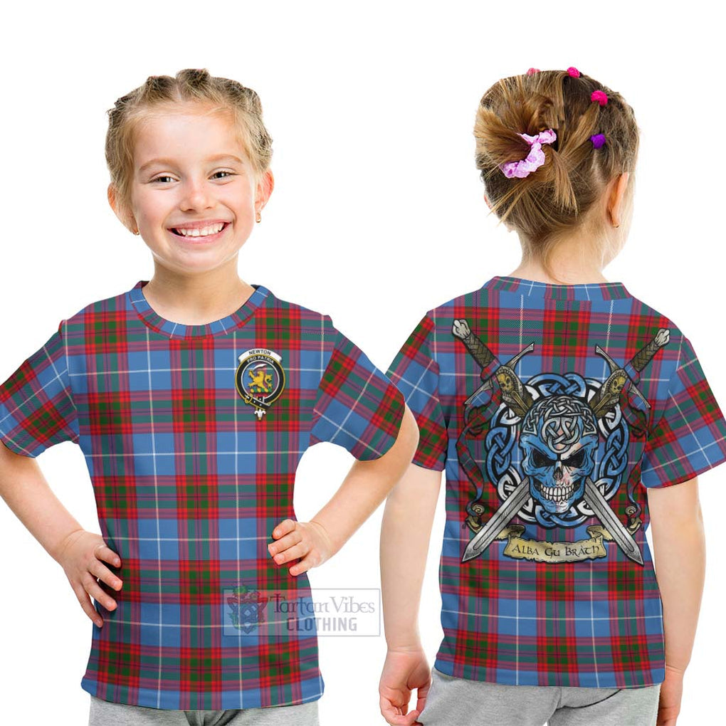 Tartan Vibes Clothing Newton Tartan Kid T-Shirt with Family Crest Celtic Skull Style