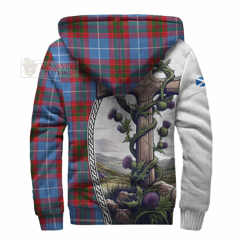 Tartan Vibes Clothing Newton Tartan Sherpa Hoodie with Family Crest and St. Andrew's Cross Accented by Thistle Vines