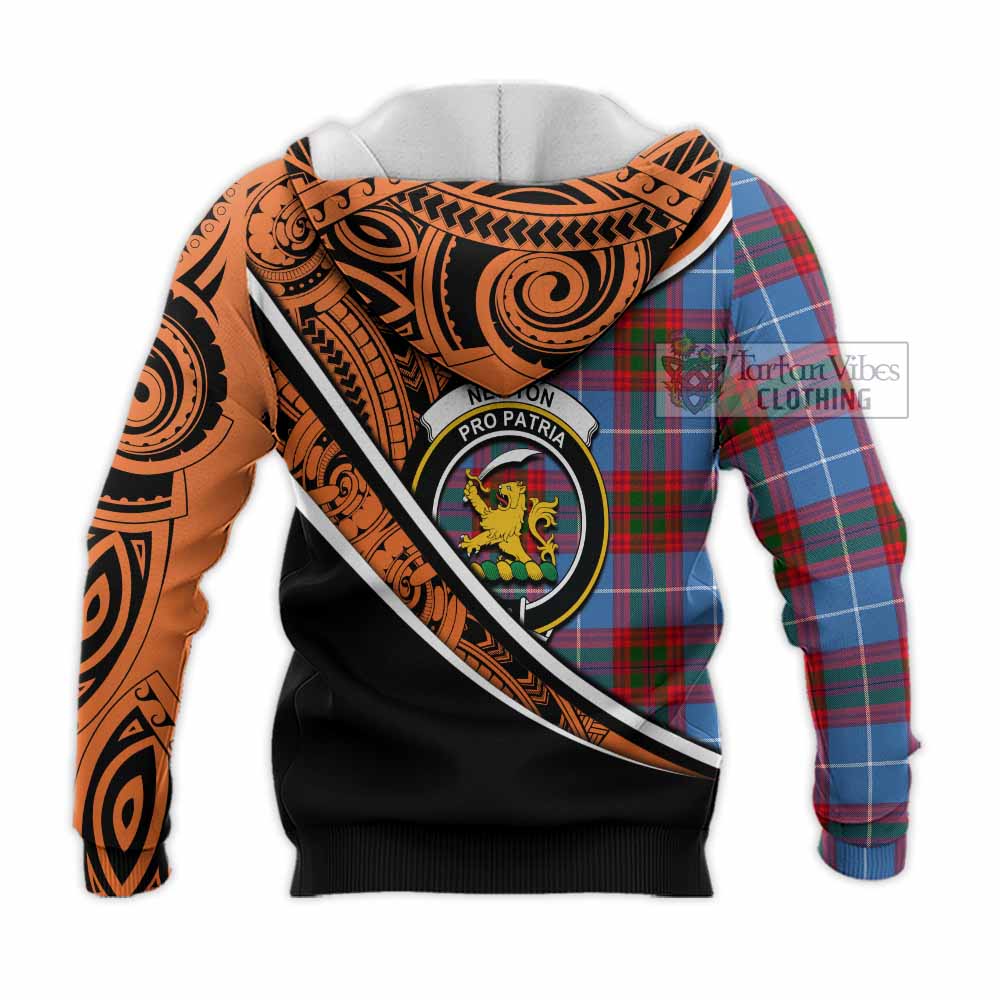 Tartan Vibes Clothing Newton Crest Tartan Knitted Hoodie with Maori Tattoo Style - Orange Version