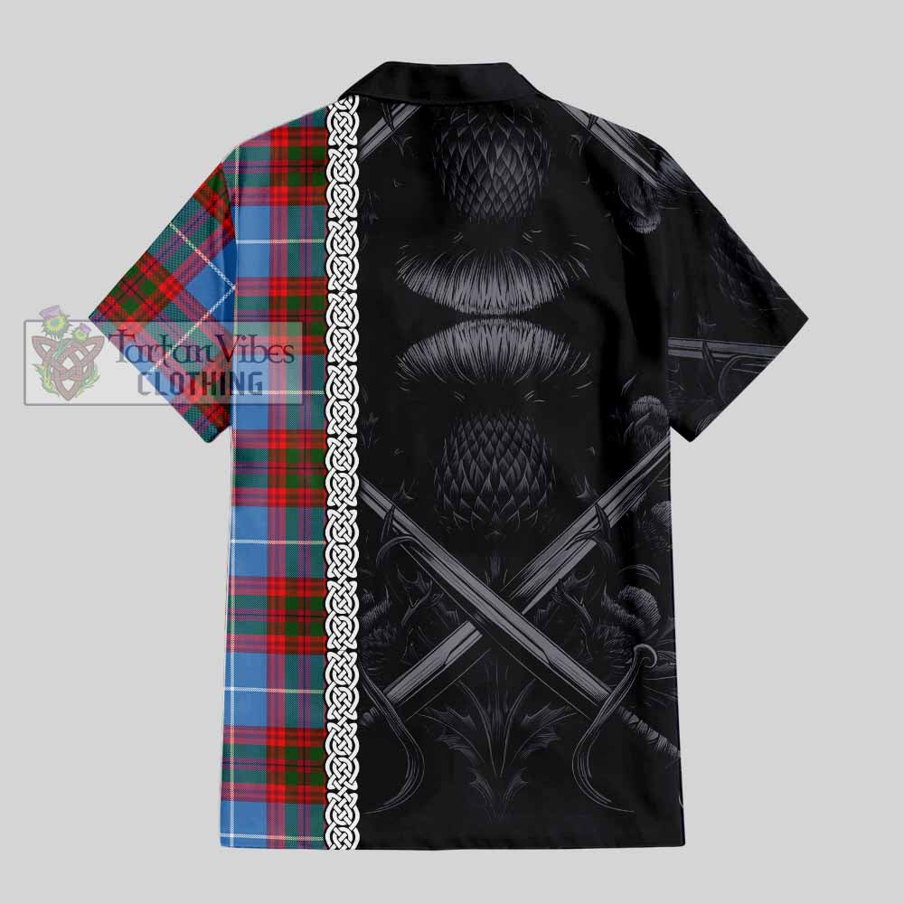 Tartan Vibes Clothing Newton Tartan Short Sleeve Button Shirt with Family Crest Cross Sword Thistle Celtic Vibes