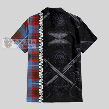 Newton Tartan Short Sleeve Button Shirt with Family Crest Cross Sword Thistle Celtic Vibes