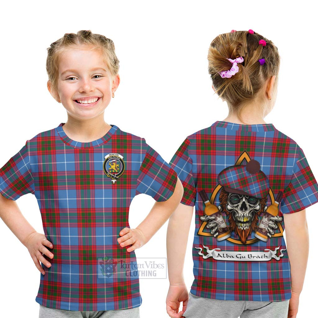 Tartan Vibes Clothing Newton Tartan Kid T-Shirt with Family Crest and Bearded Skull Holding Bottles of Whiskey