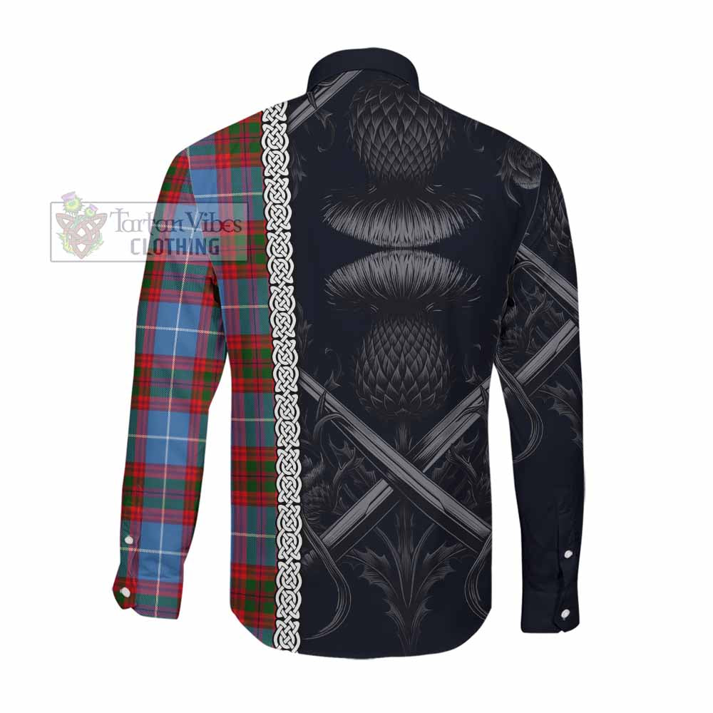 Tartan Vibes Clothing Newton Tartan Long Sleeve Button Shirt with Family Crest Cross Sword Thistle Celtic Vibes