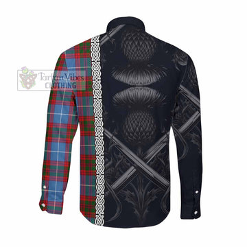 Newton Tartan Long Sleeve Button Shirt with Family Crest Cross Sword Thistle Celtic Vibes