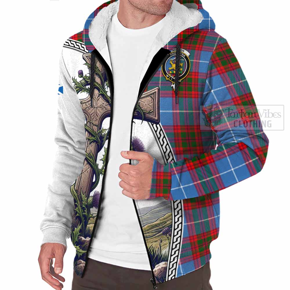 Tartan Vibes Clothing Newton Tartan Sherpa Hoodie with Family Crest and St. Andrew's Cross Accented by Thistle Vines