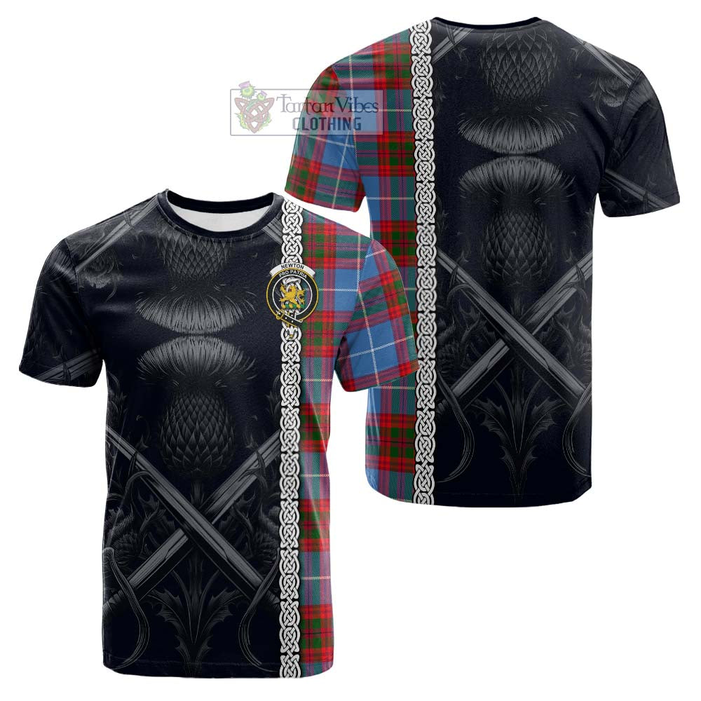 Tartan Vibes Clothing Newton Tartan Cotton T-shirt with Family Crest Cross Sword Thistle Celtic Vibes