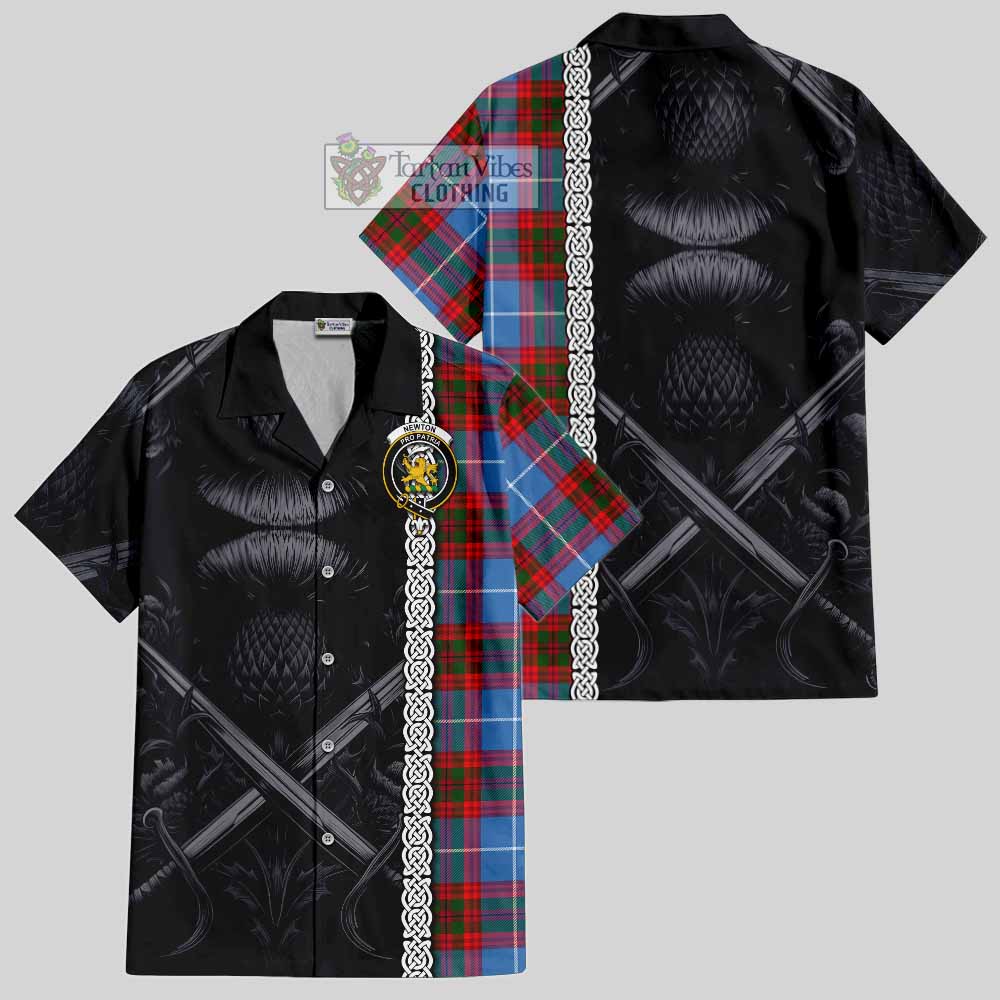 Tartan Vibes Clothing Newton Tartan Short Sleeve Button Shirt with Family Crest Cross Sword Thistle Celtic Vibes