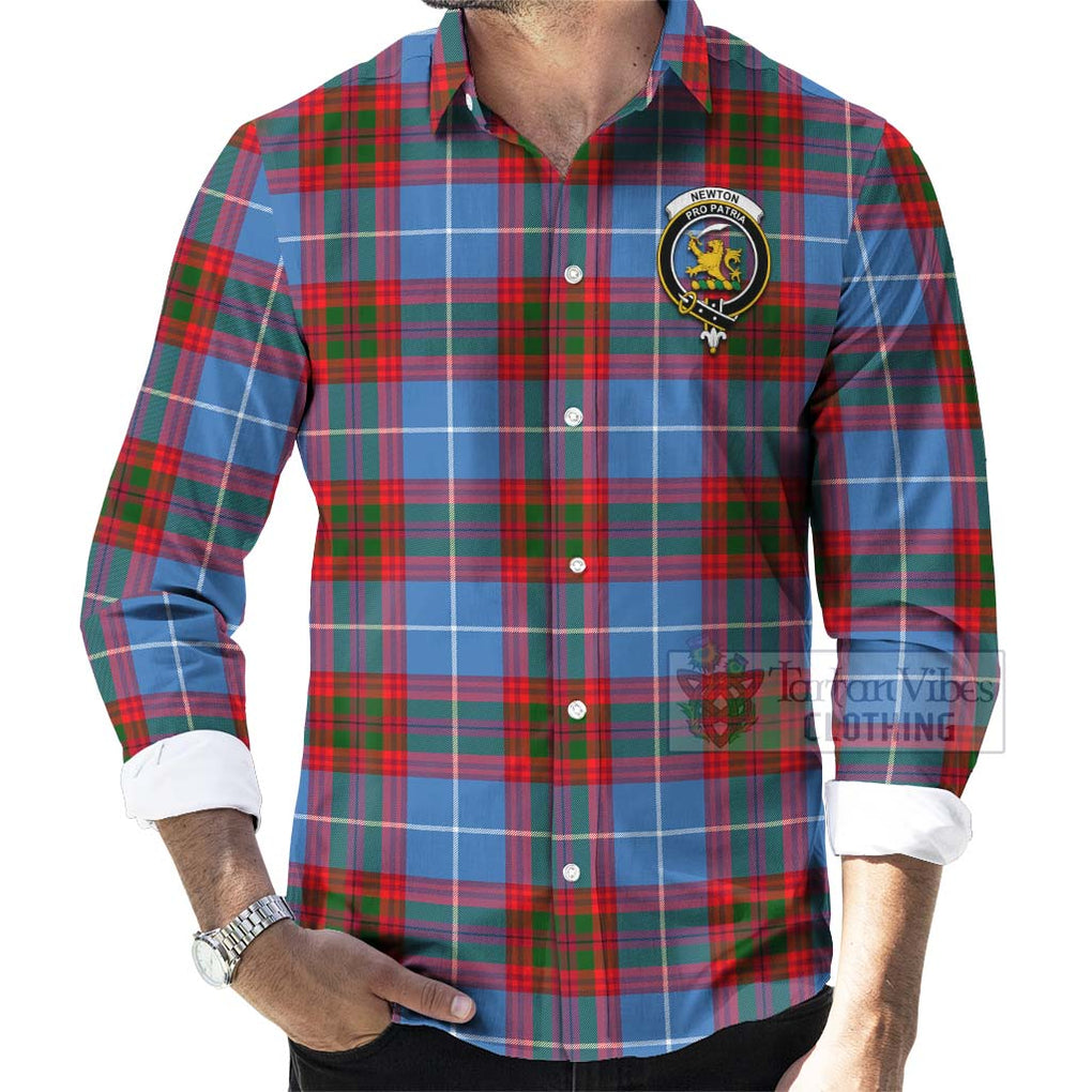 Tartan Vibes Clothing Newton Tartan Long Sleeve Button Shirt with Family Crest and Bearded Skull Holding Bottles of Whiskey