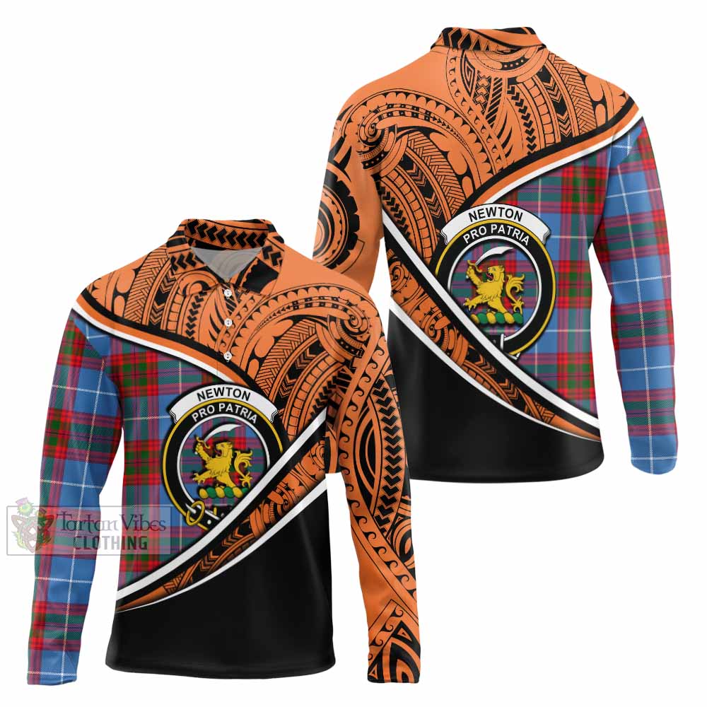 Tartan Vibes Clothing Newton Crest Tartan Long Sleeve Polo Shirt with Maori Tattoo Style - Orange Version