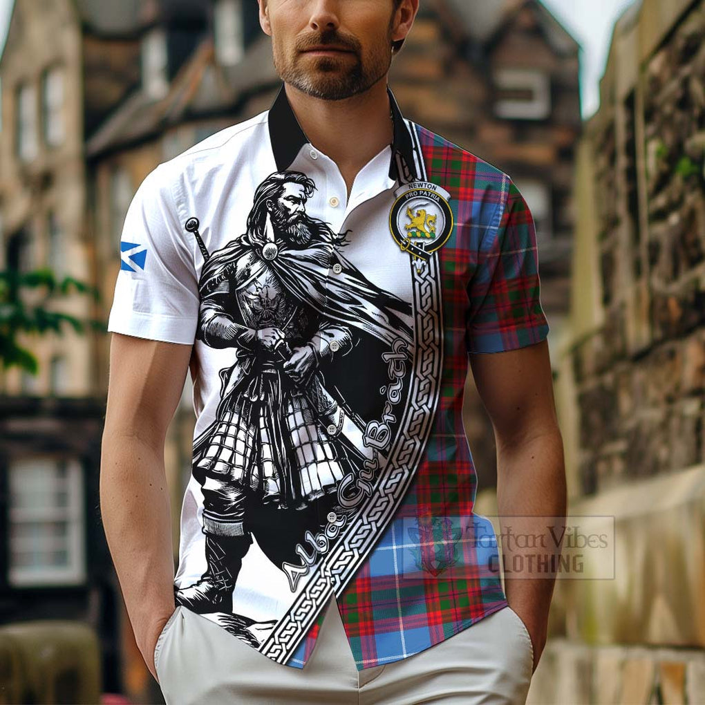 Tartan Vibes Clothing Newton Tartan Clan Crest Short Sleeve Button Shirt with Highlander Warrior Celtic Style