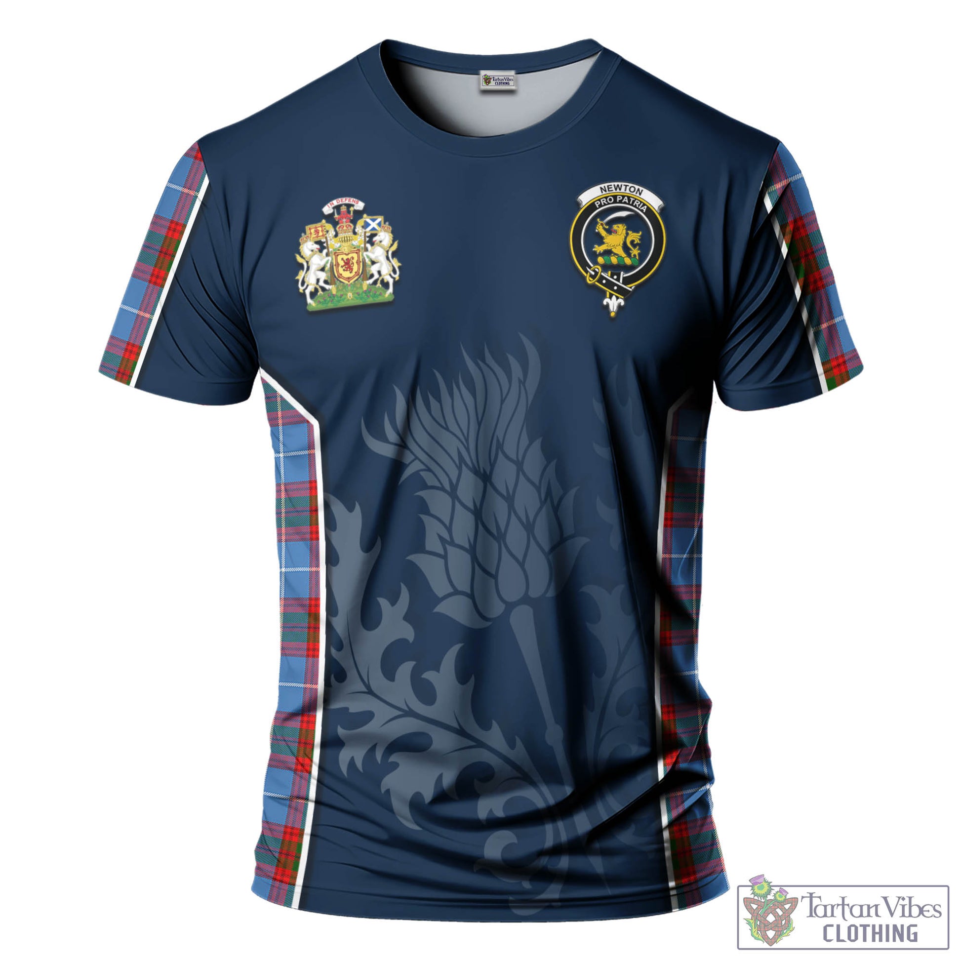 Tartan Vibes Clothing Newton Tartan T-Shirt with Family Crest and Scottish Thistle Vibes Sport Style