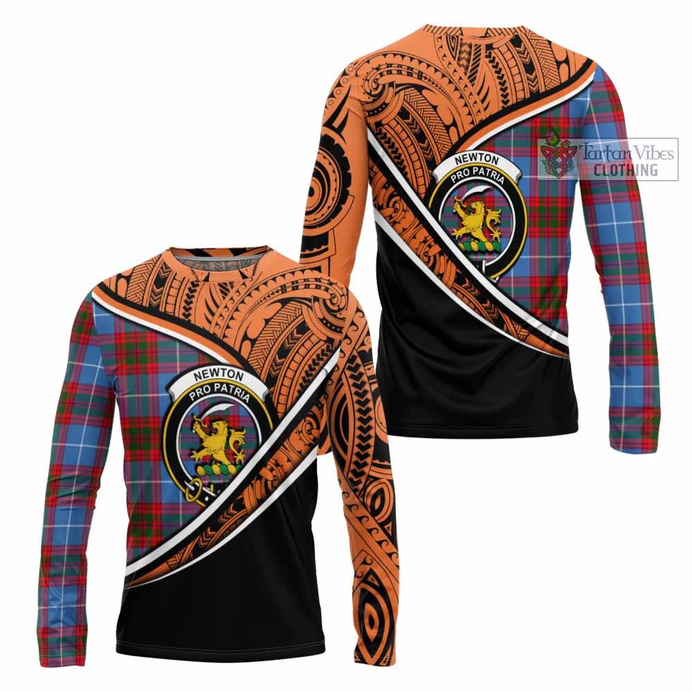 Tartan Vibes Clothing Newton Crest Tartan Long Sleeve T-Shirt with Maori Tattoo Style - Orange Version