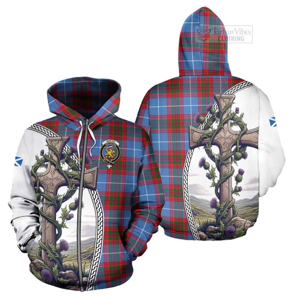 Tartan Vibes Clothing Newton Tartan Hoodie with Family Crest and St. Andrew's Cross Accented by Thistle Vines