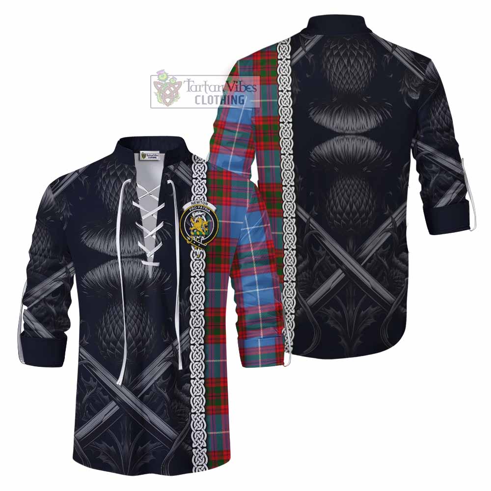 Tartan Vibes Clothing Newton Tartan Ghillie Kilt Shirt with Family Crest Cross Sword Thistle Celtic Vibes