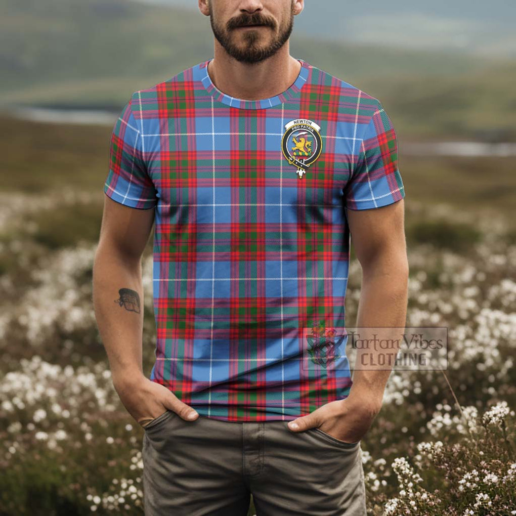 Tartan Vibes Clothing Newton Tartan T-Shirt with Family Crest and Bearded Skull Holding Bottles of Whiskey