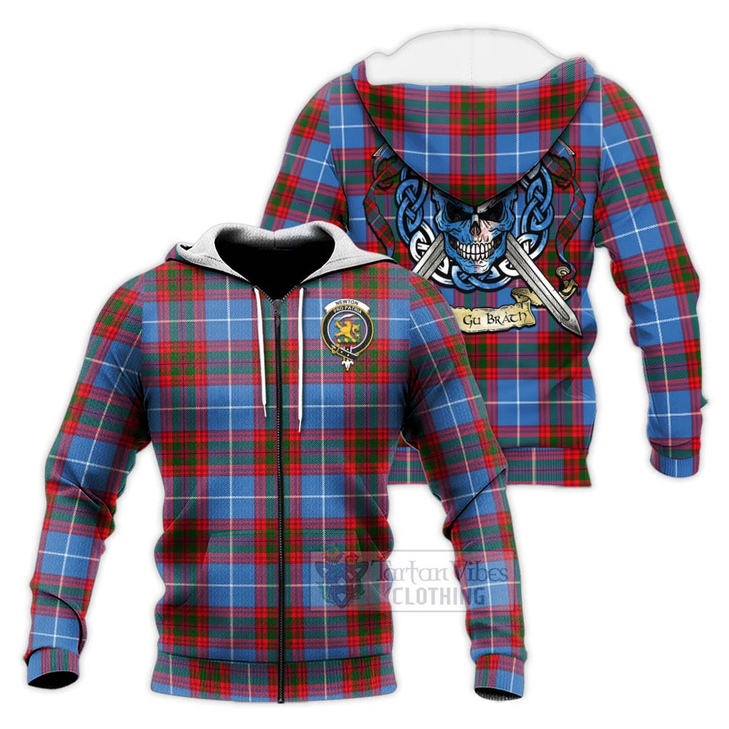 Tartan Vibes Clothing Newton Tartan Knitted Hoodie with Family Crest Celtic Skull Style