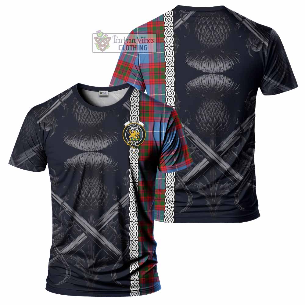 Tartan Vibes Clothing Newton Tartan T-Shirt with Family Crest Cross Sword Thistle Celtic Vibes