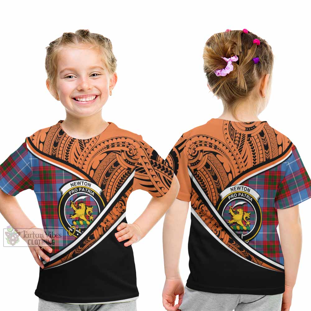 Tartan Vibes Clothing Newton Crest Tartan Kid T-Shirt with Maori Tattoo Style - Orange Version