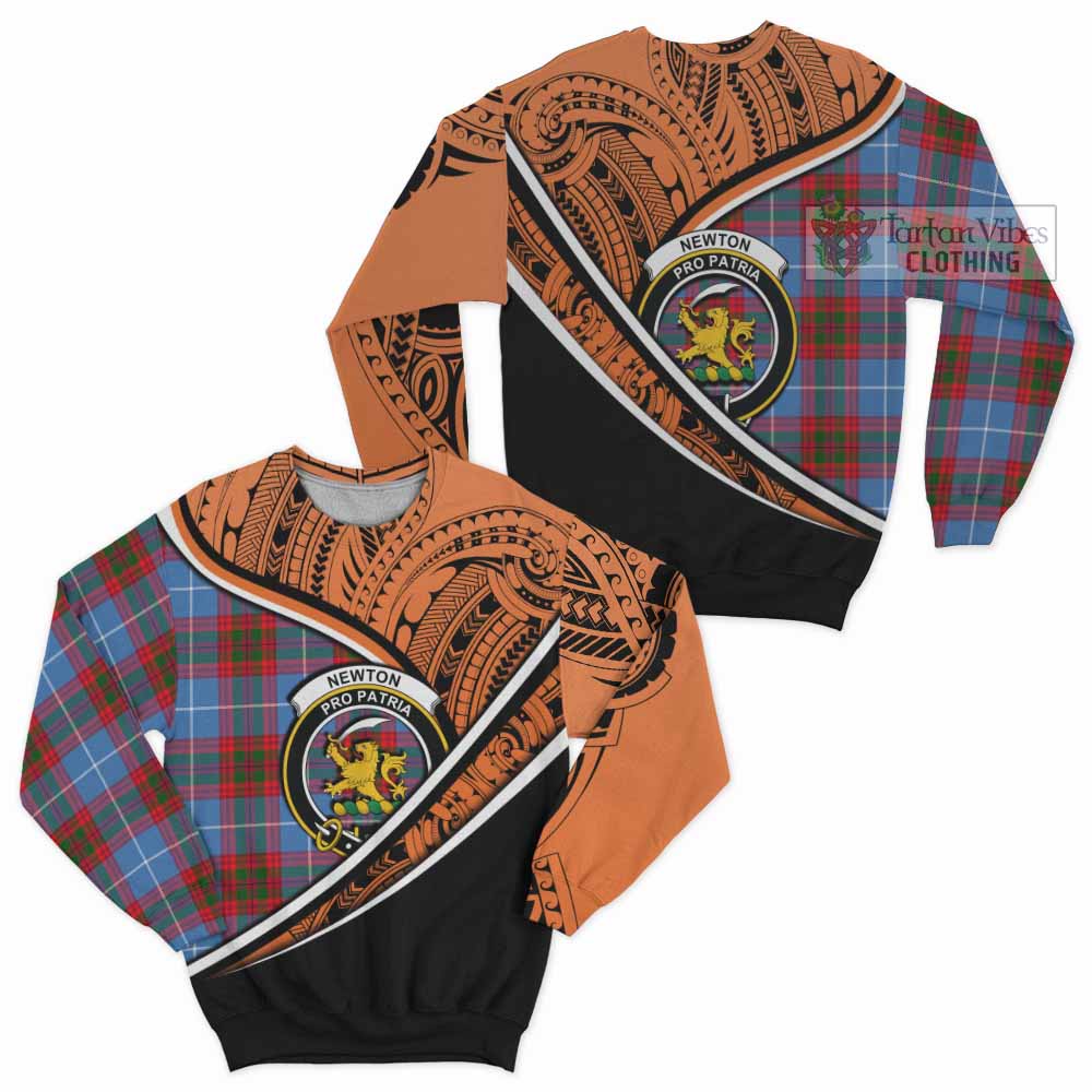 Tartan Vibes Clothing Newton Crest Tartan Sweatshirt with Maori Tattoo Style - Orange Version