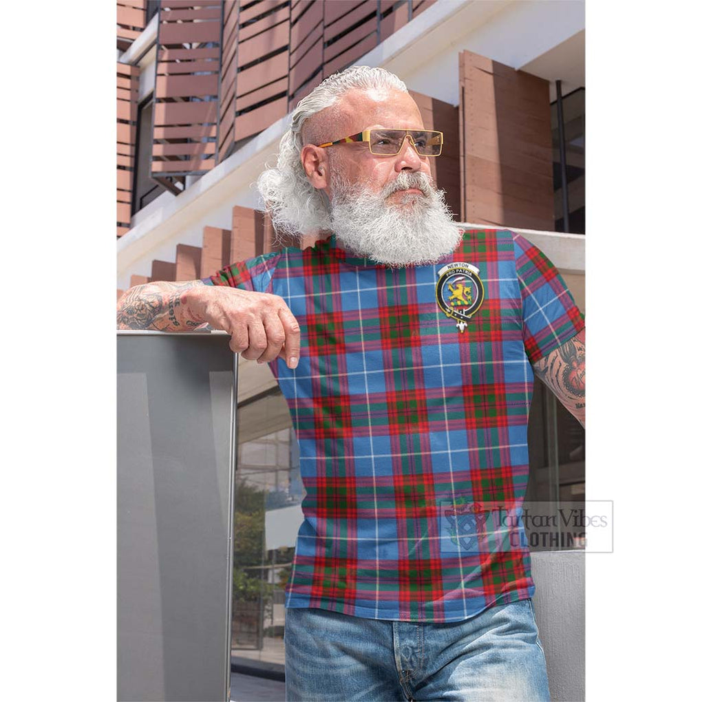 Tartan Vibes Clothing Newton Tartan Cotton T-shirt with Family Crest and Bearded Skull Holding Bottles of Whiskey