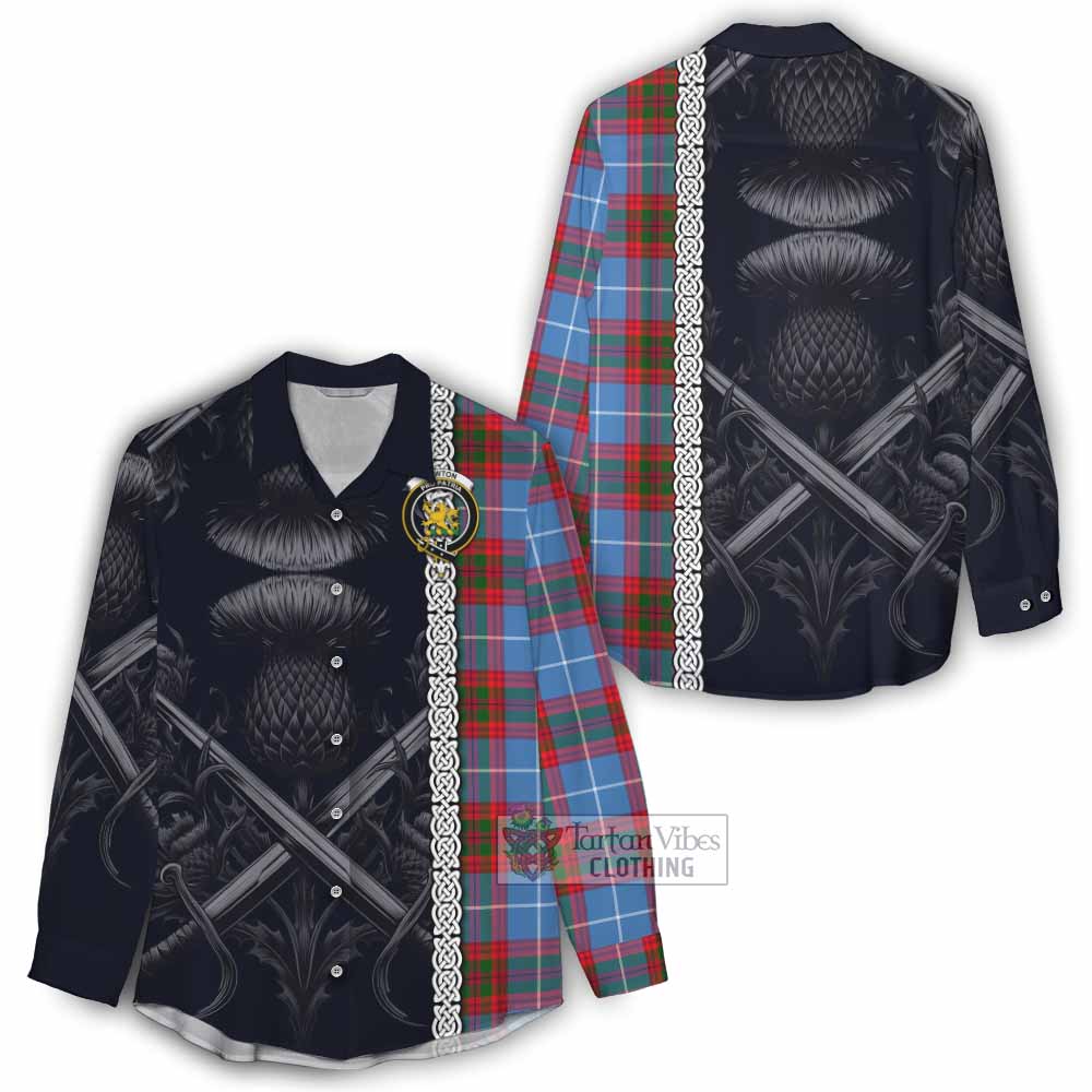 Tartan Vibes Clothing Newton Tartan Women's Casual Shirt with Family Crest Cross Sword Thistle Celtic Vibes