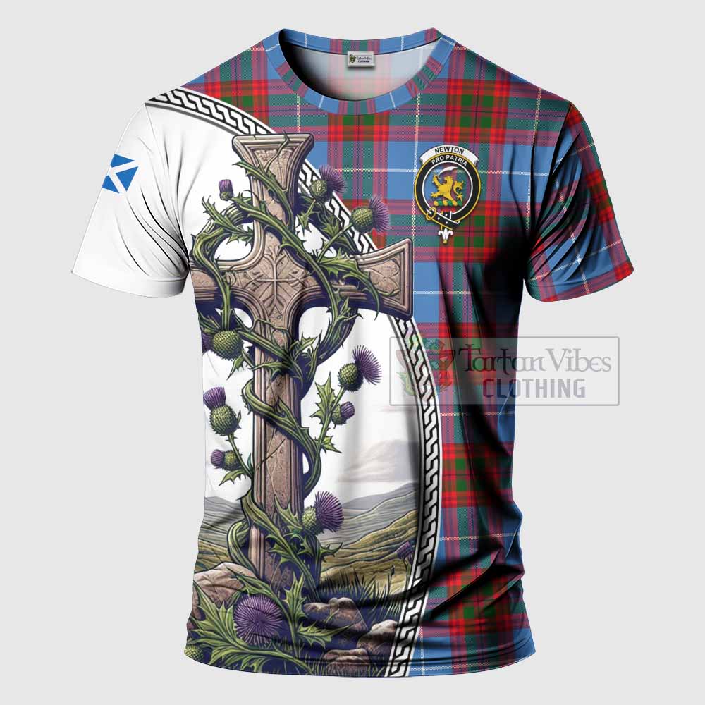 Tartan Vibes Clothing Newton Agnew Tartan T-Shirt with Family Crest and St. Andrew's Cross Accented by Thistle Vines