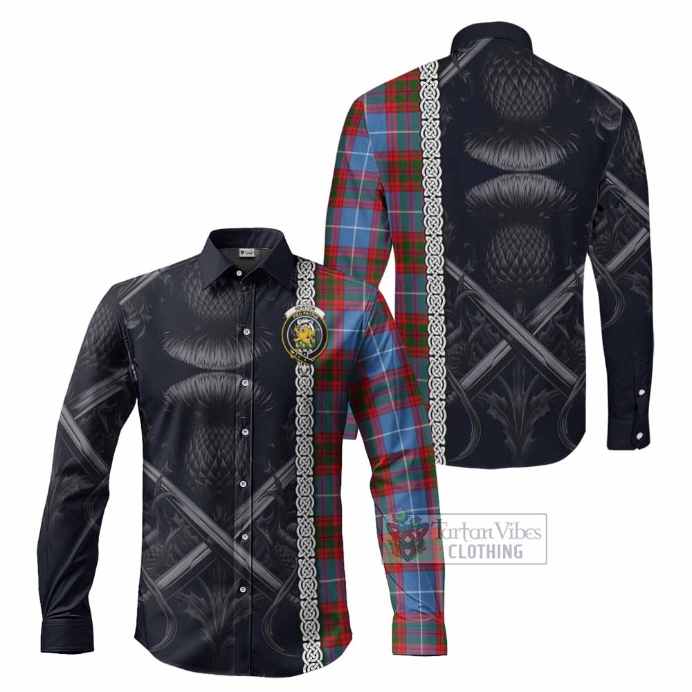 Tartan Vibes Clothing Newton Tartan Long Sleeve Button Shirt with Family Crest Cross Sword Thistle Celtic Vibes