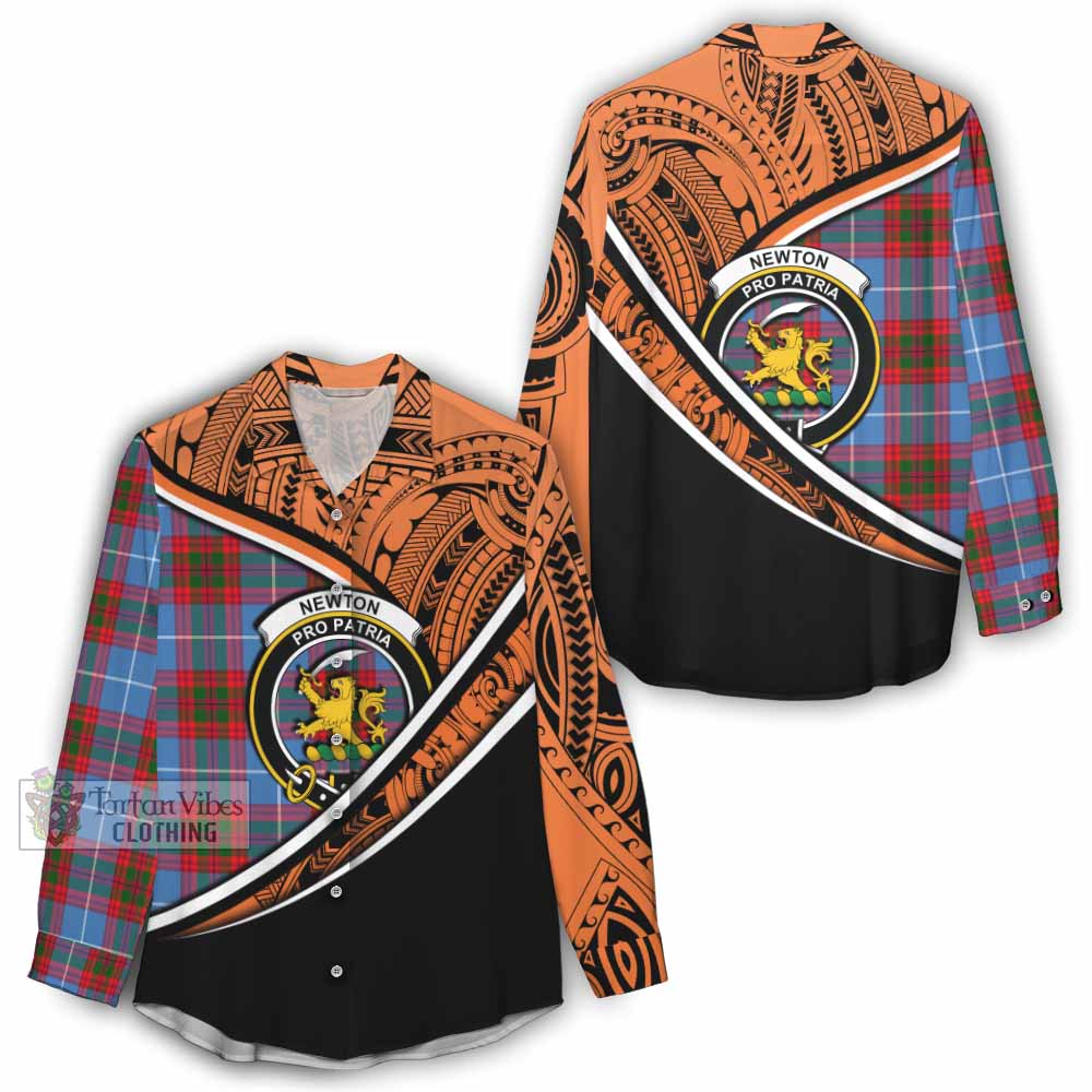 Tartan Vibes Clothing Newton Crest Tartan Women's Casual Shirt with Maori Tattoo Style - Orange Version