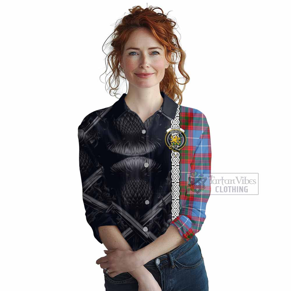 Tartan Vibes Clothing Newton Tartan Women's Casual Shirt with Family Crest Cross Sword Thistle Celtic Vibes