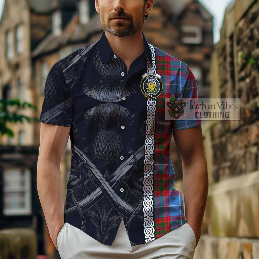 Tartan Vibes Clothing Newton Tartan Short Sleeve Button Shirt with Family Crest Cross Sword Thistle Celtic Vibes