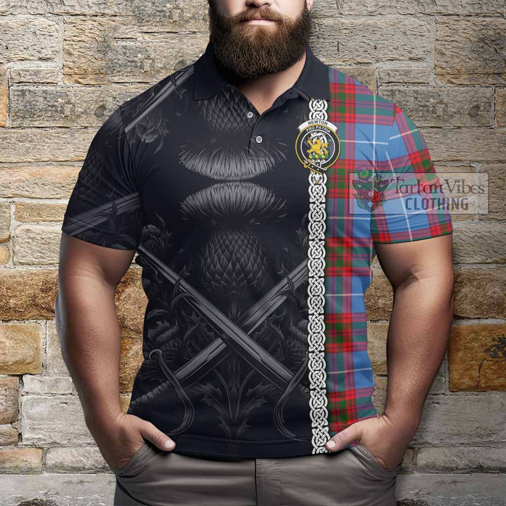 Tartan Vibes Clothing Newton Tartan Polo Shirt with Family Crest Cross Sword Thistle Celtic Vibes