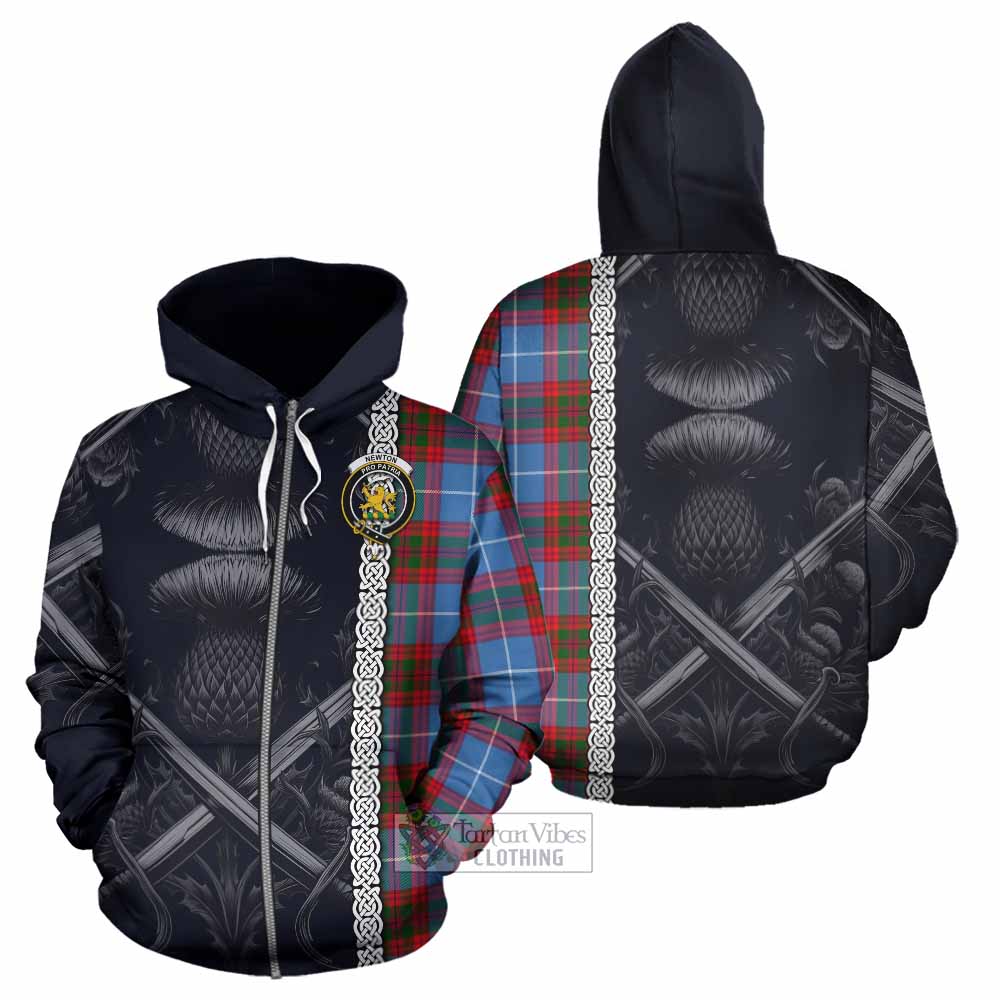 Tartan Vibes Clothing Newton Tartan Hoodie with Family Crest Cross Sword Thistle Celtic Vibes