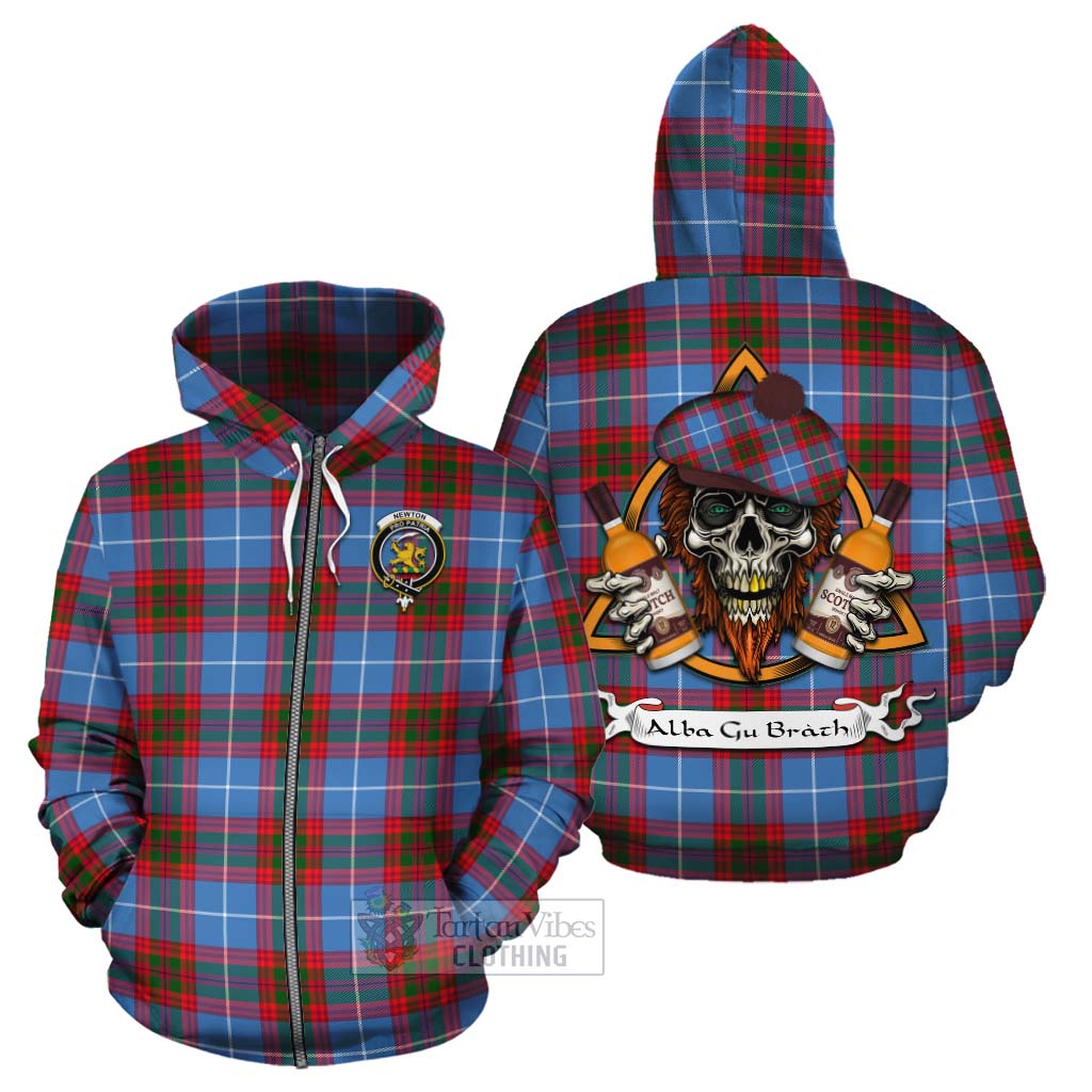 Tartan Vibes Clothing Newton Tartan Cotton Hoodie with Family Crest and Bearded Skull Holding Bottles of Whiskey