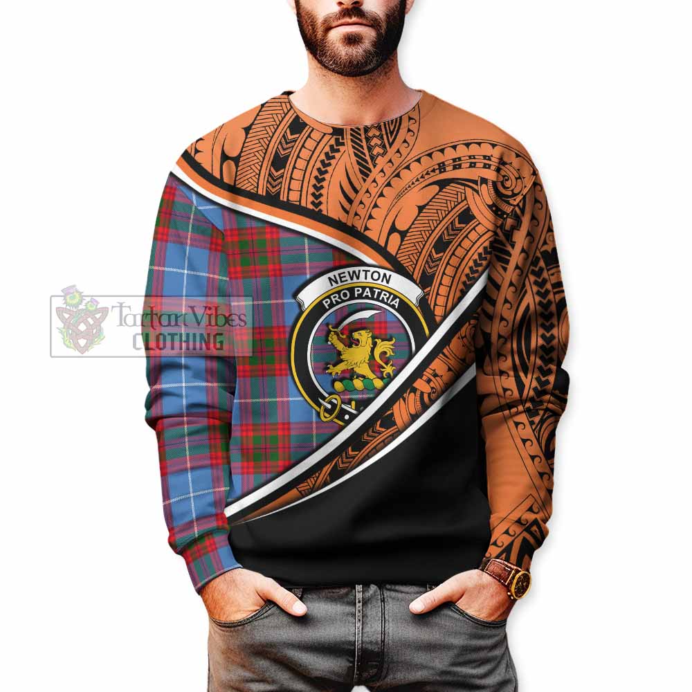 Tartan Vibes Clothing Newton Crest Tartan Sweatshirt with Maori Tattoo Style - Orange Version