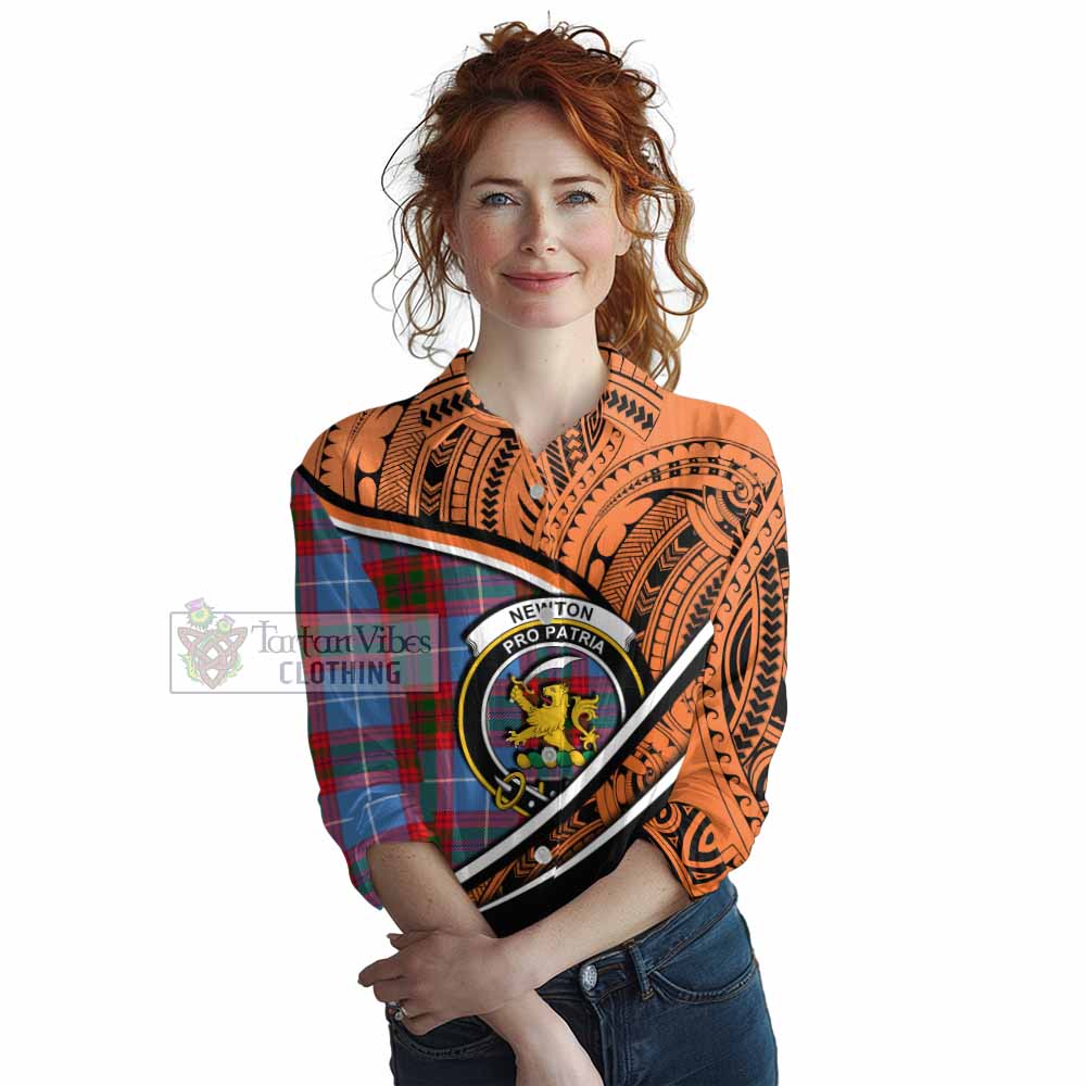 Tartan Vibes Clothing Newton Crest Tartan Women's Casual Shirt with Maori Tattoo Style - Orange Version