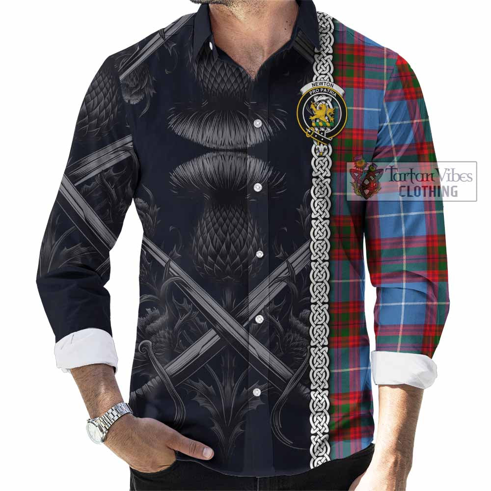 Tartan Vibes Clothing Newton Tartan Long Sleeve Button Shirt with Family Crest Cross Sword Thistle Celtic Vibes