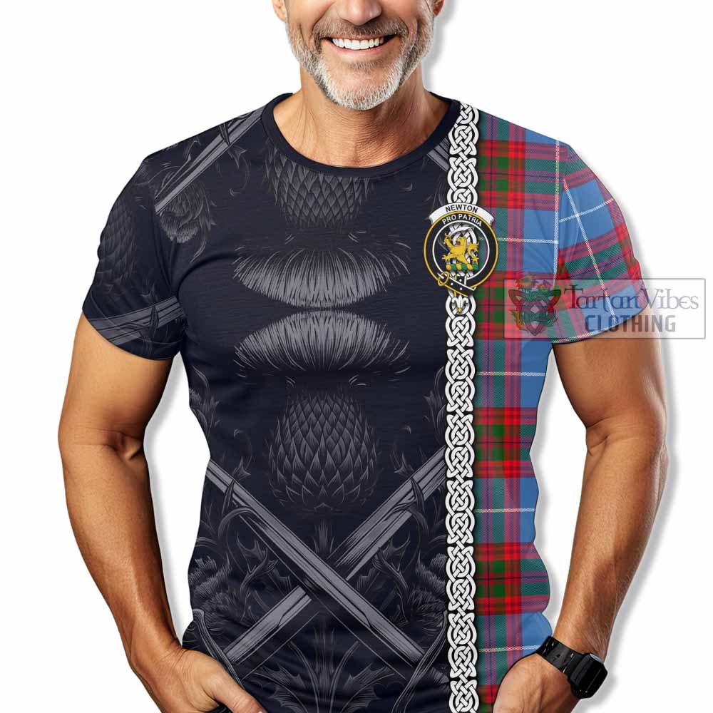 Tartan Vibes Clothing Newton Tartan T-Shirt with Family Crest Cross Sword Thistle Celtic Vibes