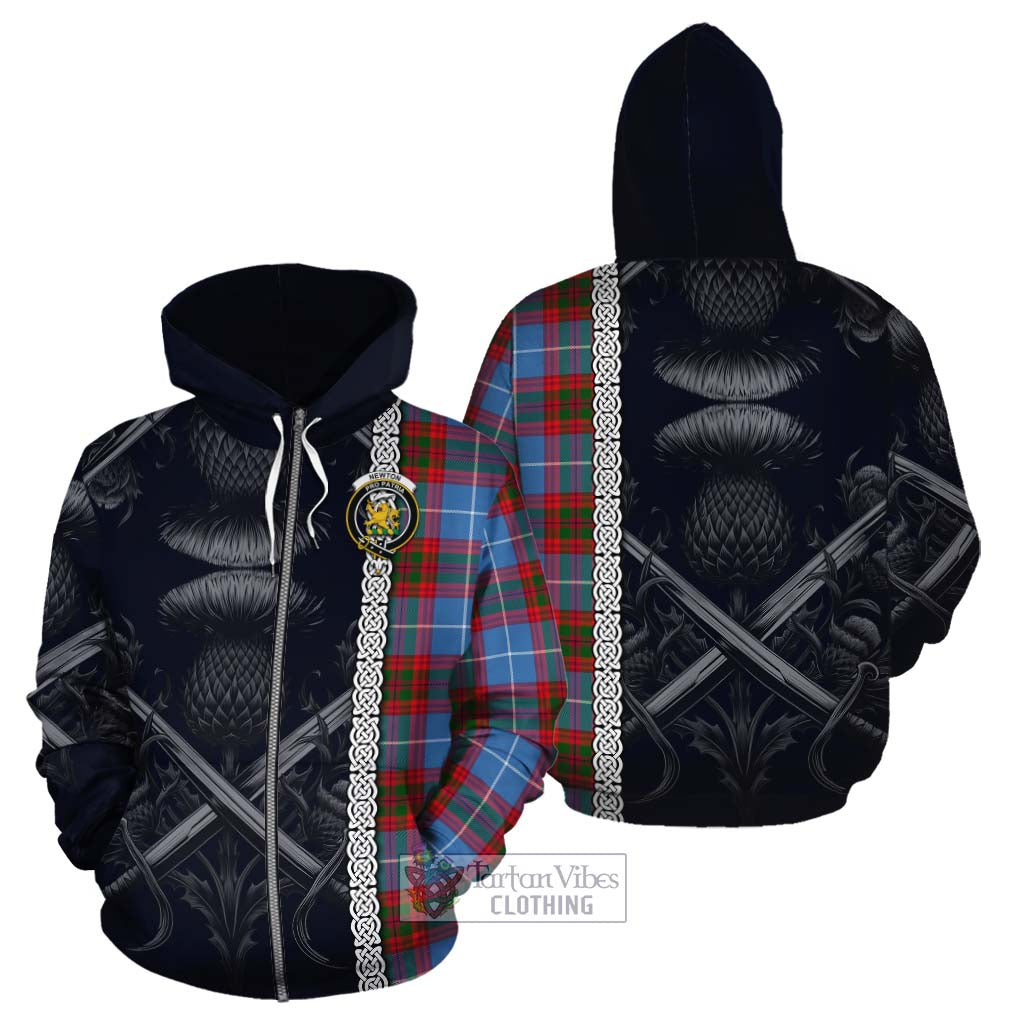 Tartan Vibes Clothing Newton Tartan Cotton Hoodie with Family Crest Cross Sword Thistle Celtic Vibes