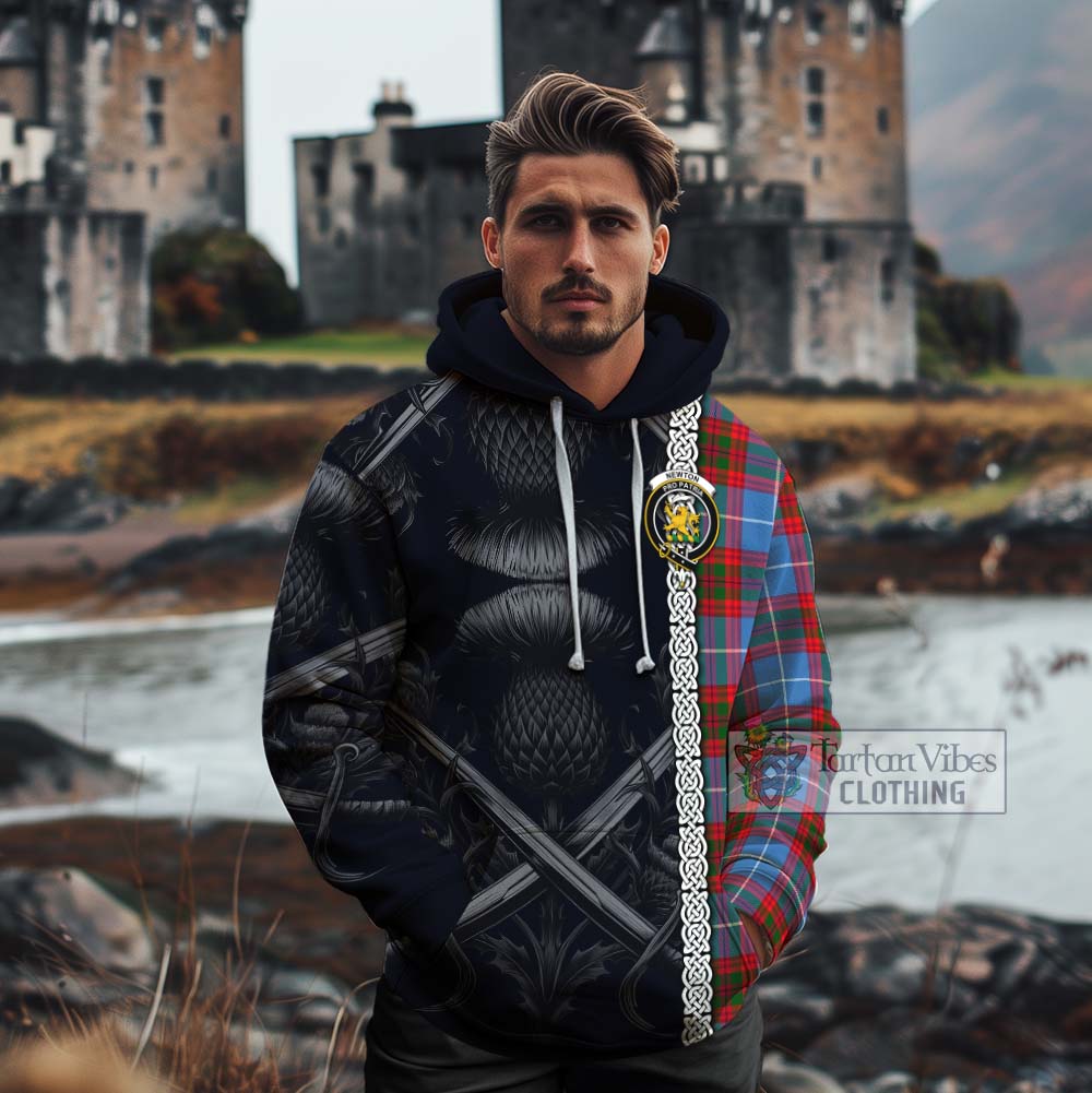 Tartan Vibes Clothing Newton Tartan Cotton Hoodie with Family Crest Cross Sword Thistle Celtic Vibes