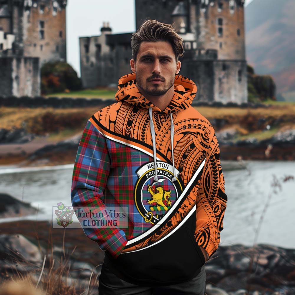 Tartan Vibes Clothing Newton Crest Tartan Cotton Hoodie with Maori Tattoo Style - Orange Version