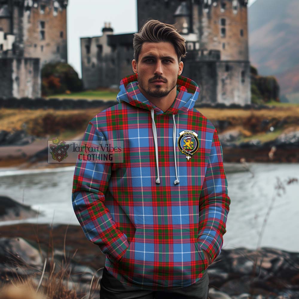 Tartan Vibes Clothing Newton Tartan Cotton Hoodie with Family Crest and Bearded Skull Holding Bottles of Whiskey