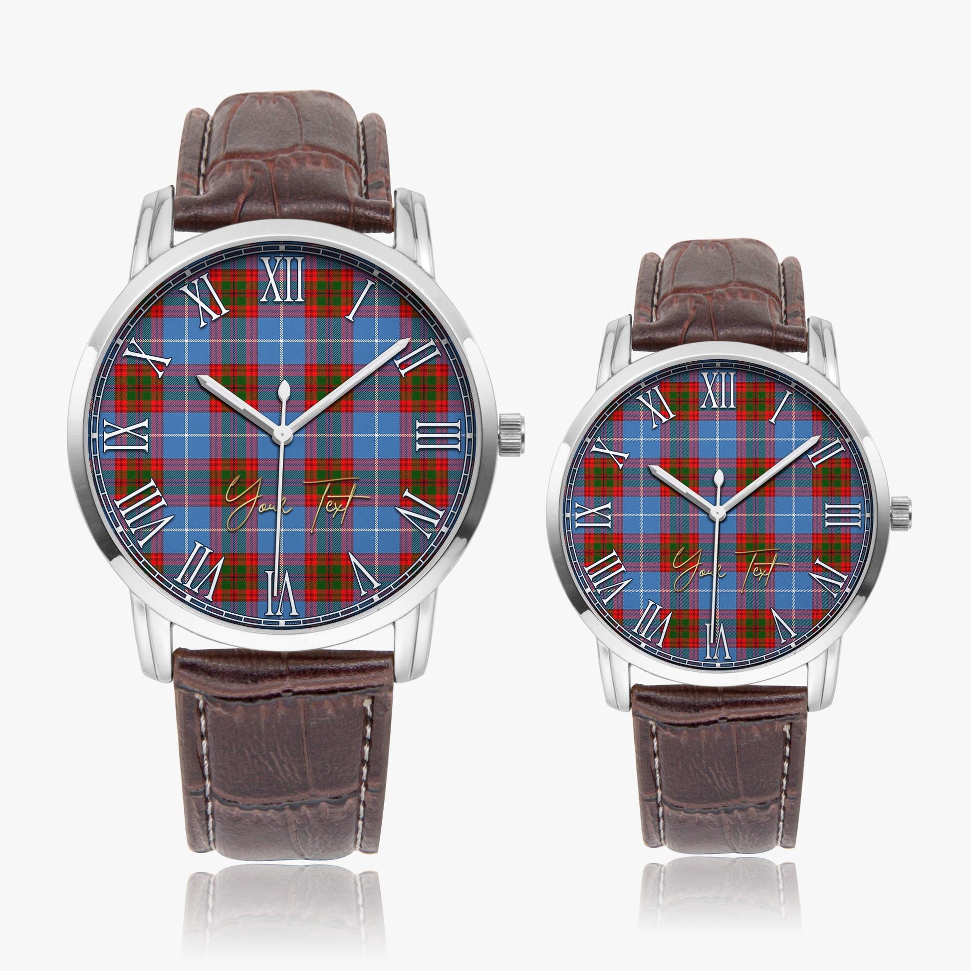 Newton Tartan Personalized Your Text Leather Trap Quartz Watch Wide Type Silver Case With Brown Leather Strap - Tartanvibesclothing