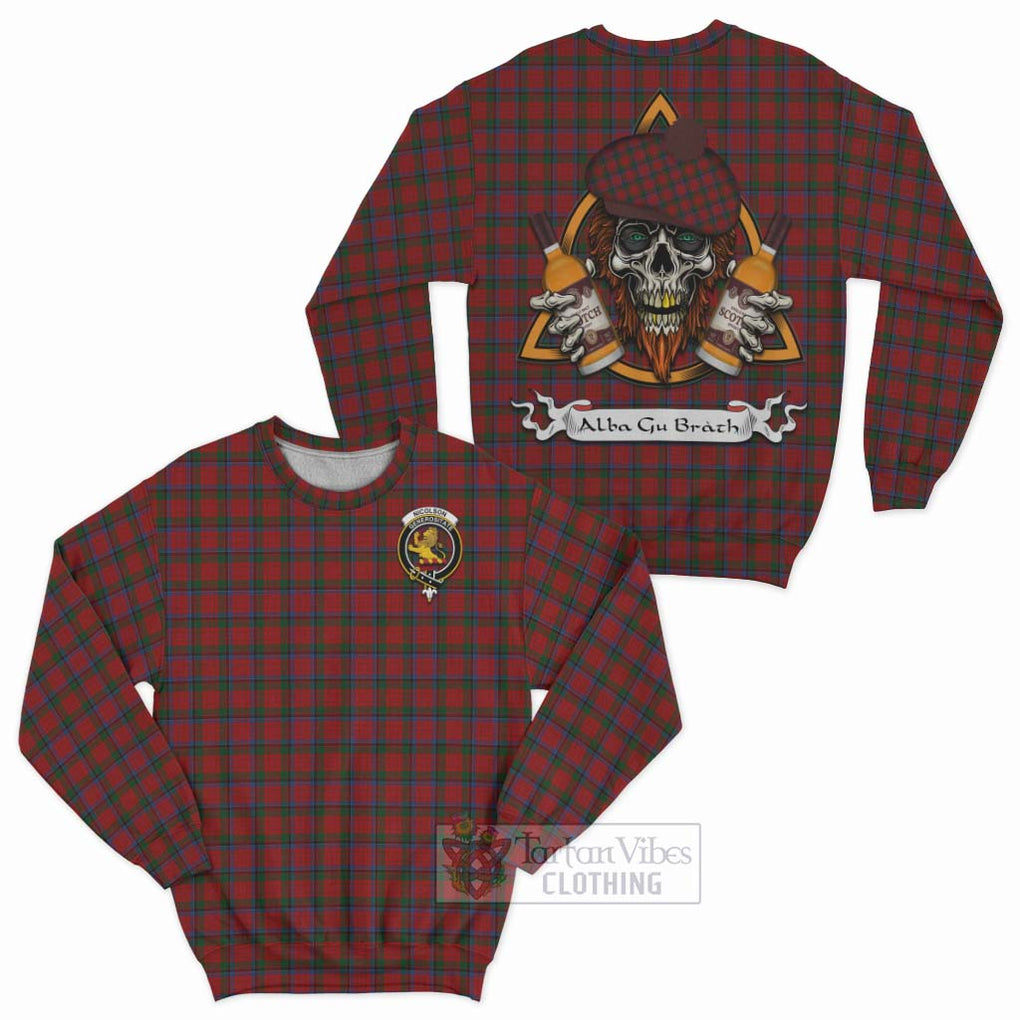 Tartan Vibes Clothing Nicolson Tartan Sweatshirt with Family Crest and Bearded Skull Holding Bottles of Whiskey