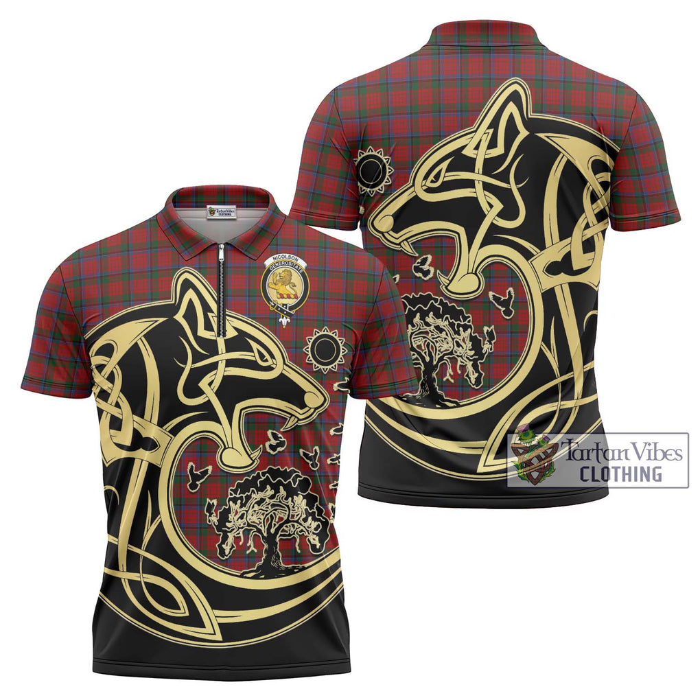 Nicolson Tartan Zipper Polo Shirt with Family Crest Celtic Wolf Style Unisex - Tartanvibesclothing Shop