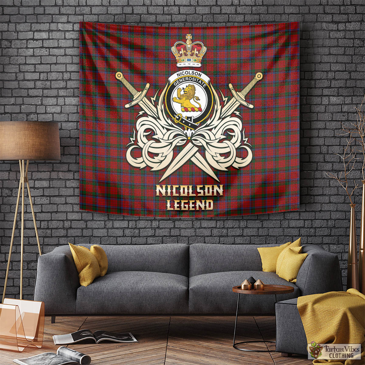 Tartan Vibes Clothing Nicolson Tartan Tapestry with Clan Crest and the Golden Sword of Courageous Legacy