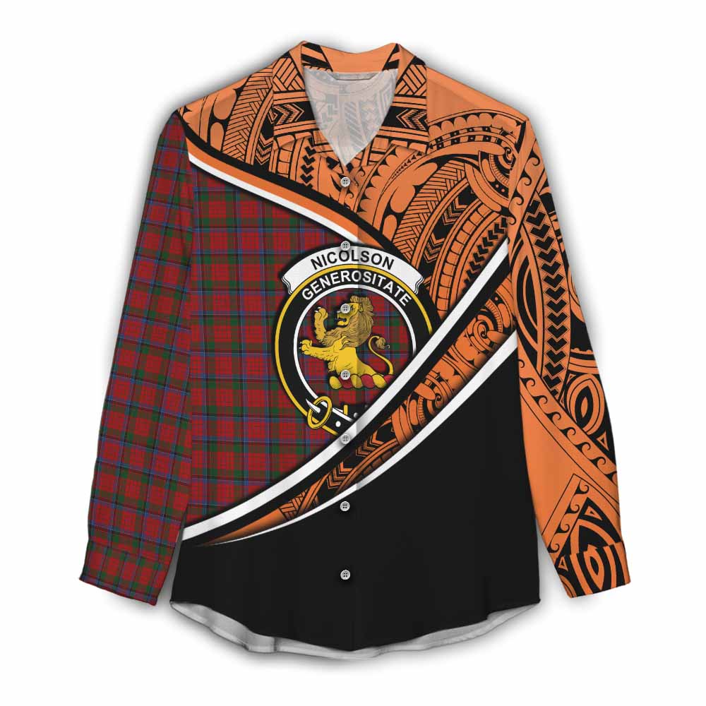 Tartan Vibes Clothing Nicolson Crest Tartan Women's Casual Shirt with Maori Tattoo Style - Orange Version