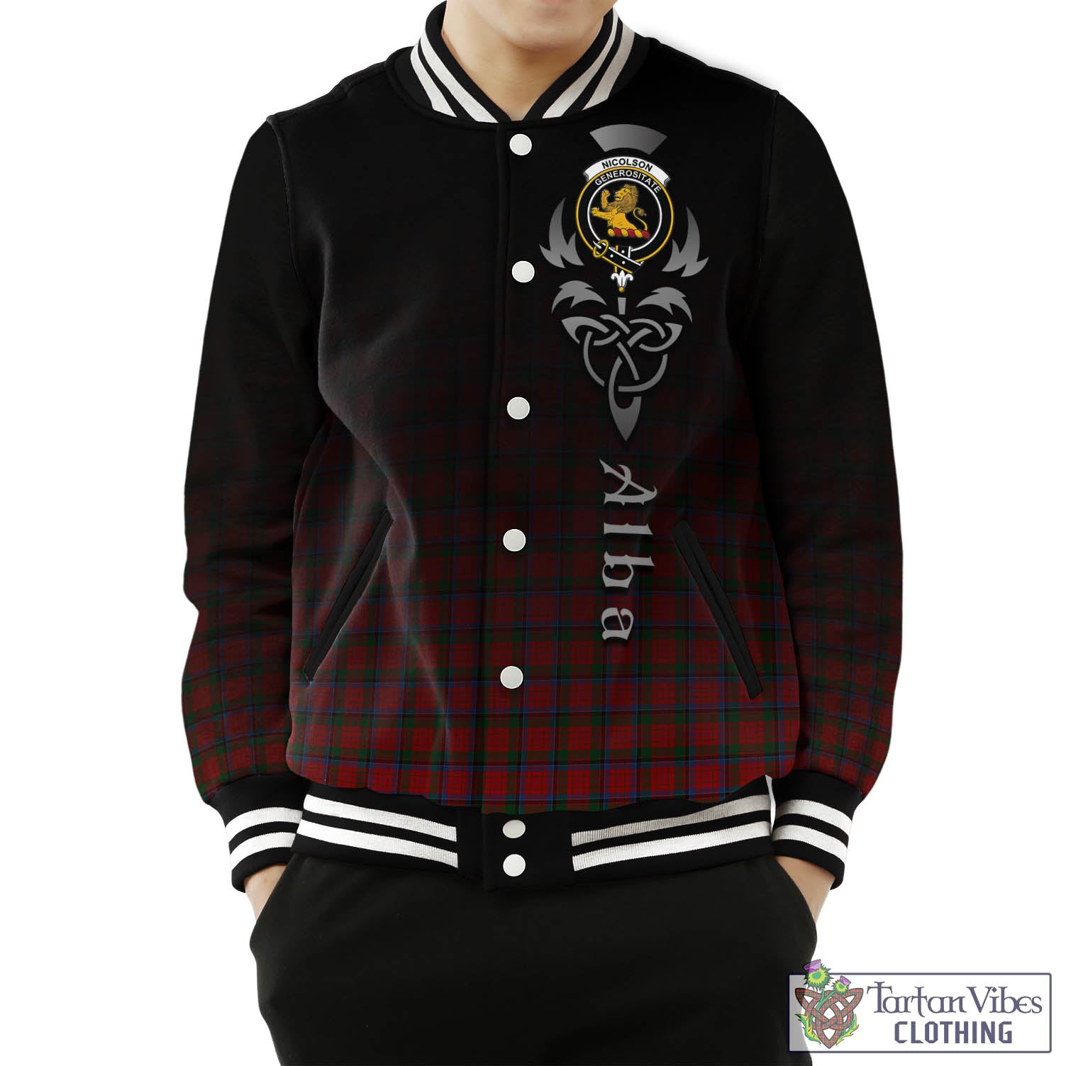 Tartan Vibes Clothing Nicolson Tartan Baseball Jacket Featuring Alba Gu Brath Family Crest Celtic Inspired